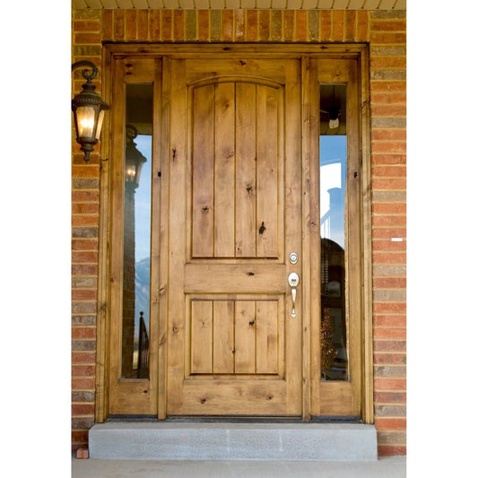 28 in. x 96 in. Rustic Knotty Alder 2-Panel Top Rail Arch V-Groove Unfinished Wood Front Door Slab