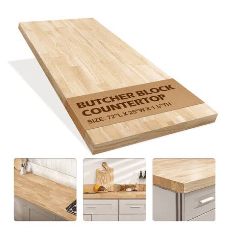 Terry 25 inchw x 1.5 inch Thick Unfinished Hevea Solid Hardwood Butcher Block Countertop