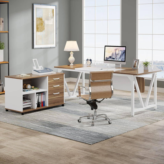 Tribesigns L-Shaped Desk, 70.8 Executive Desk with 35.4 File Cabinet, Light Brown & White