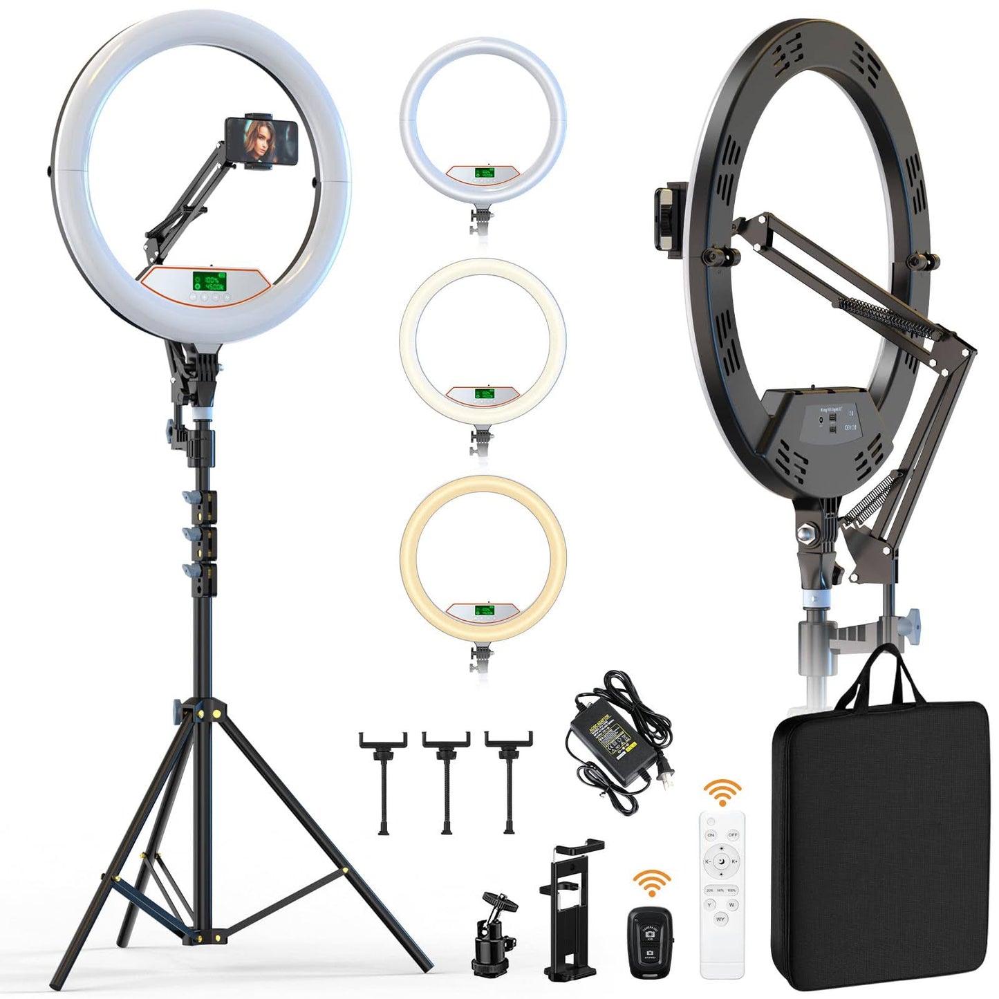 22 inch LED ring light, With 71 inch tripod/Overhead camera mount/Wireless Remote, adjustable color temperature ranging from 3000K to 6500K,