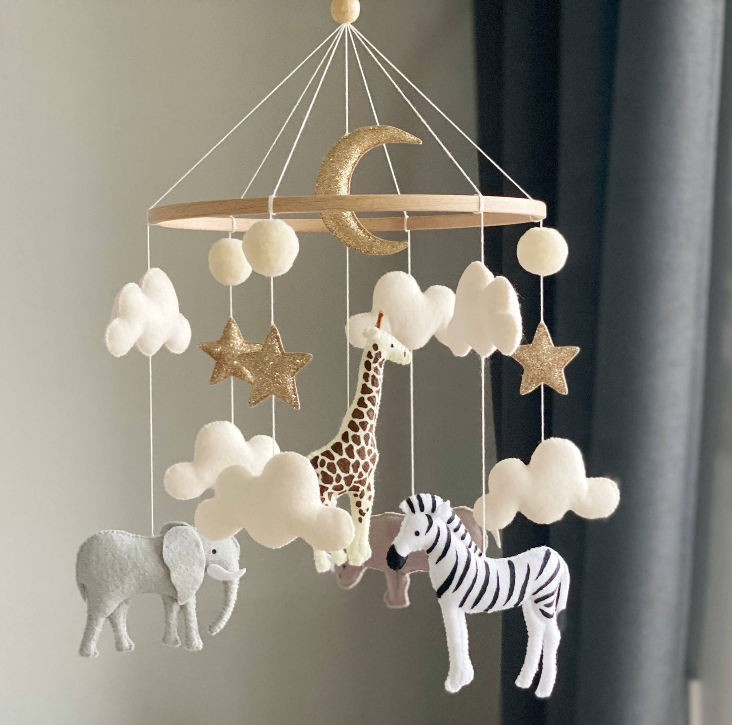 Baby mobile neutral animals Africa nursery mobile felt Africa safari giraffe, zebra,hippo and elephant. Crib mobile moon and clouds mobile.