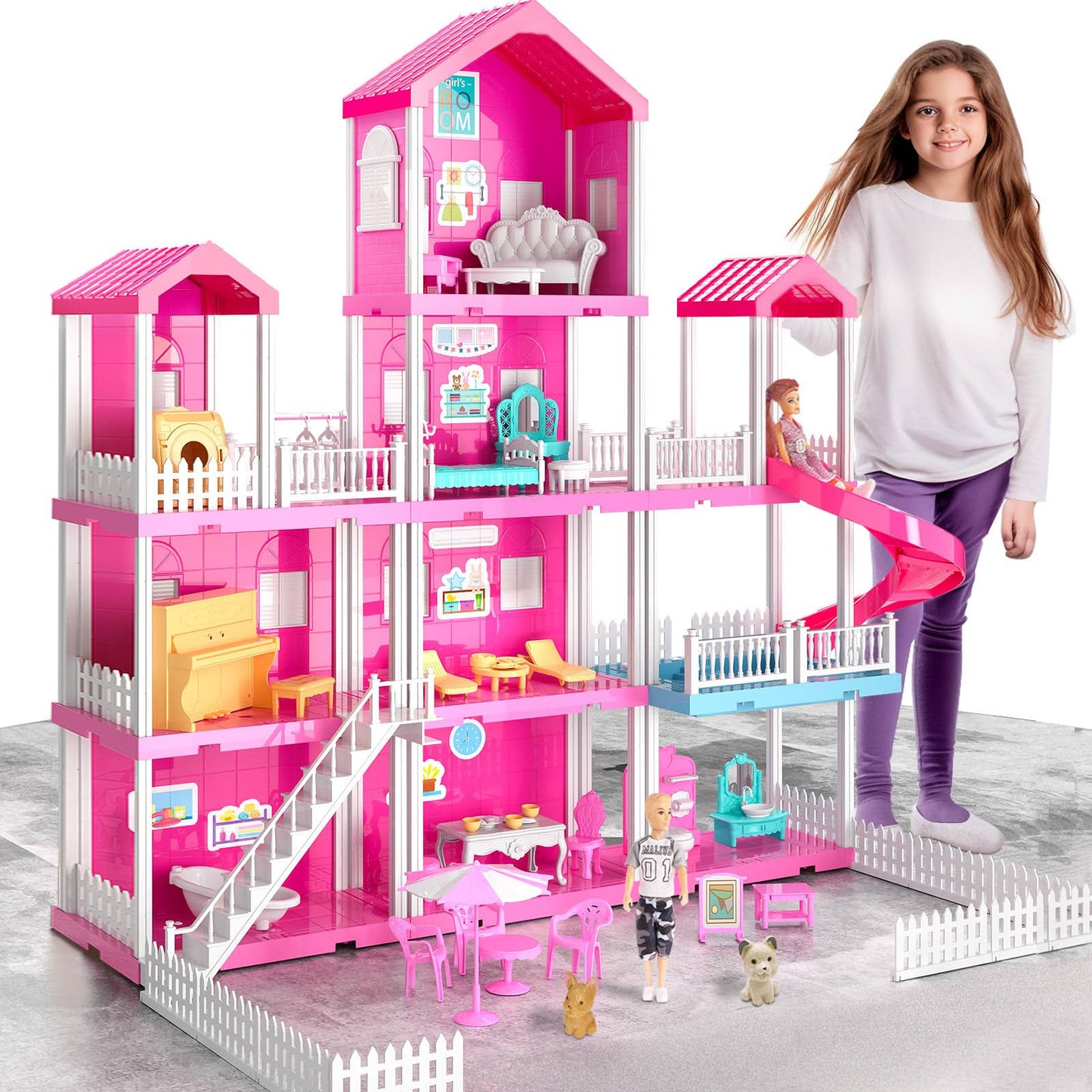 TEMI Doll House with 2 Doll Toy Figures, 4-Story 10 Rooms Dollhouse with Accessories and Furniture