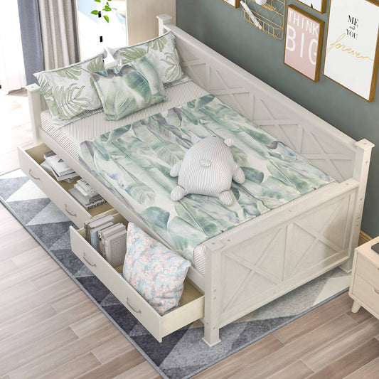 Bellemave Twin Daybed with 2 Storage Drawers, Wooden Daybed Frame with X-Shaped Frame, Modern and Rustic Casual Style Daybed