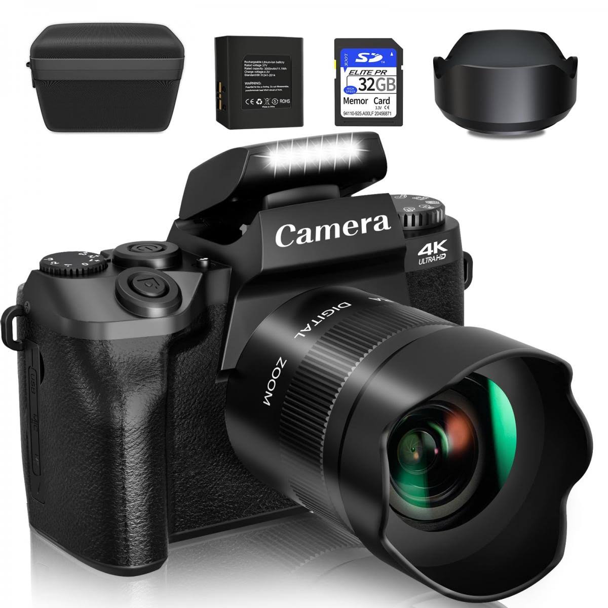 4K 64MP Digital Camera for Photography Beginners, Video, YouTube Vlog, 4 WiFi Touch Screen with Flash, 32GB SD Card, Lens Hood, 3000mAH Battery