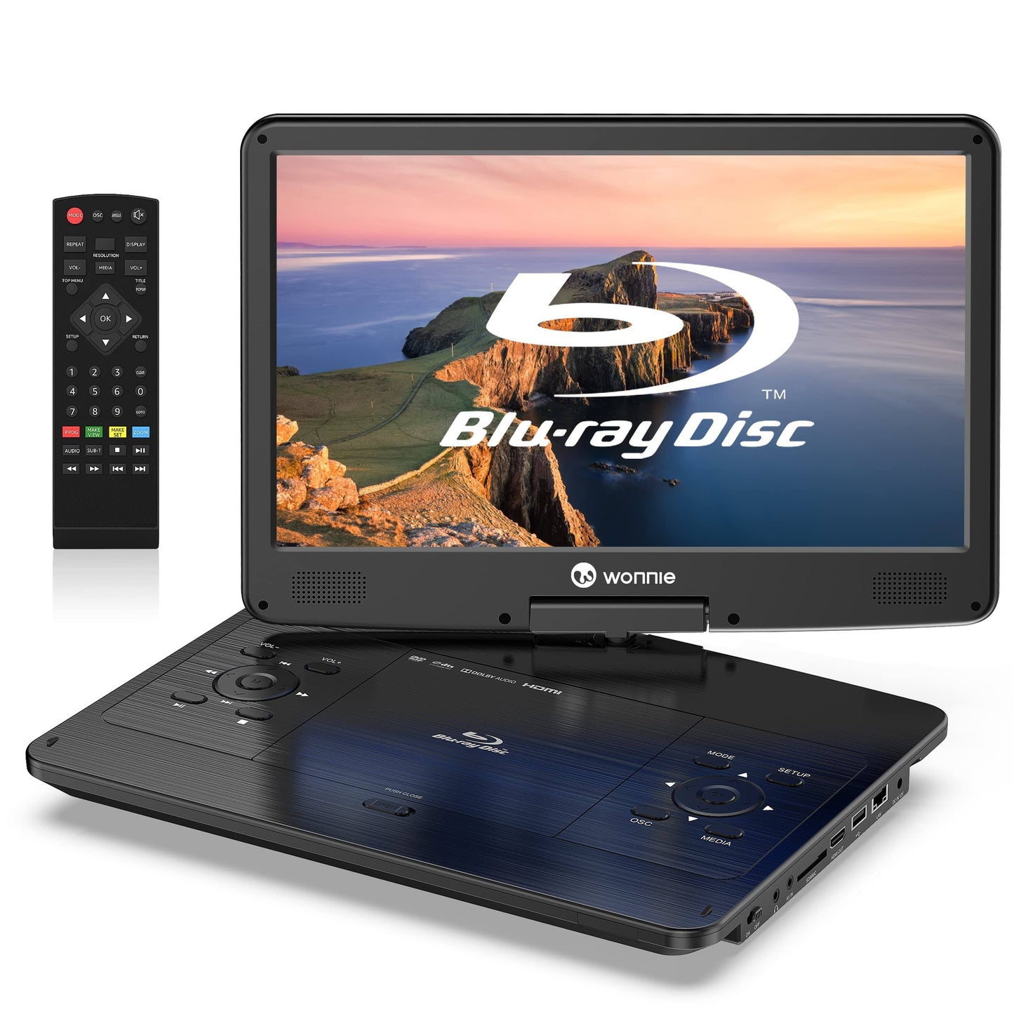 WONNIE 16.9 Portable Blu ray DVD Player with 14.1 1080P HD Swivel Screen, 4-Hour Rechargeable Battery, Supports HDMI Output, Dolby Audio, Last