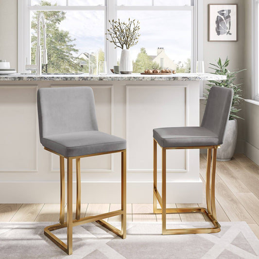 Belleze 24 inch Barstools Counter Stools Set of 2, Upholstered Bar Stools with Gold Metal Frame, Modern Counter Height Chairs Kitchen Stools for Home