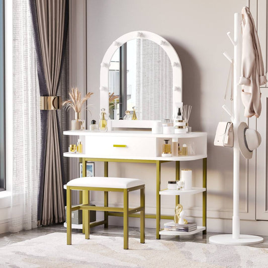 White Makeup Vanity Table Set with Metal Gold Legs and Mirror Everly Quinn