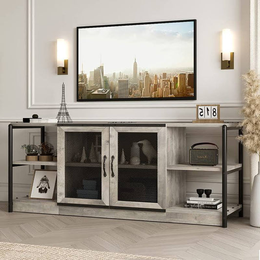 Amyove TV Stand for 65+ inch TV Industrial Entertainment Center TV Media Console Table Farmhouse TV Stand with Storage Mesh Door and Shelves Gray TV C