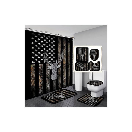 Camille&Andrew 4PCS Rustic Deer Shower Curtain Set Elk Moose Wildlife Animal Camo Cabin Country Farmhouse Bathroom