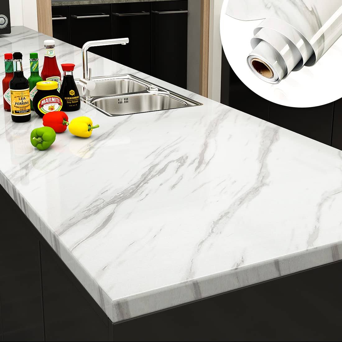 YENHOME 30X200 White Marble Contact Paper for Countertops Waterproof Self Adhesive Marble Peel and Stick Wallpaper Peel and Stick Countertops for