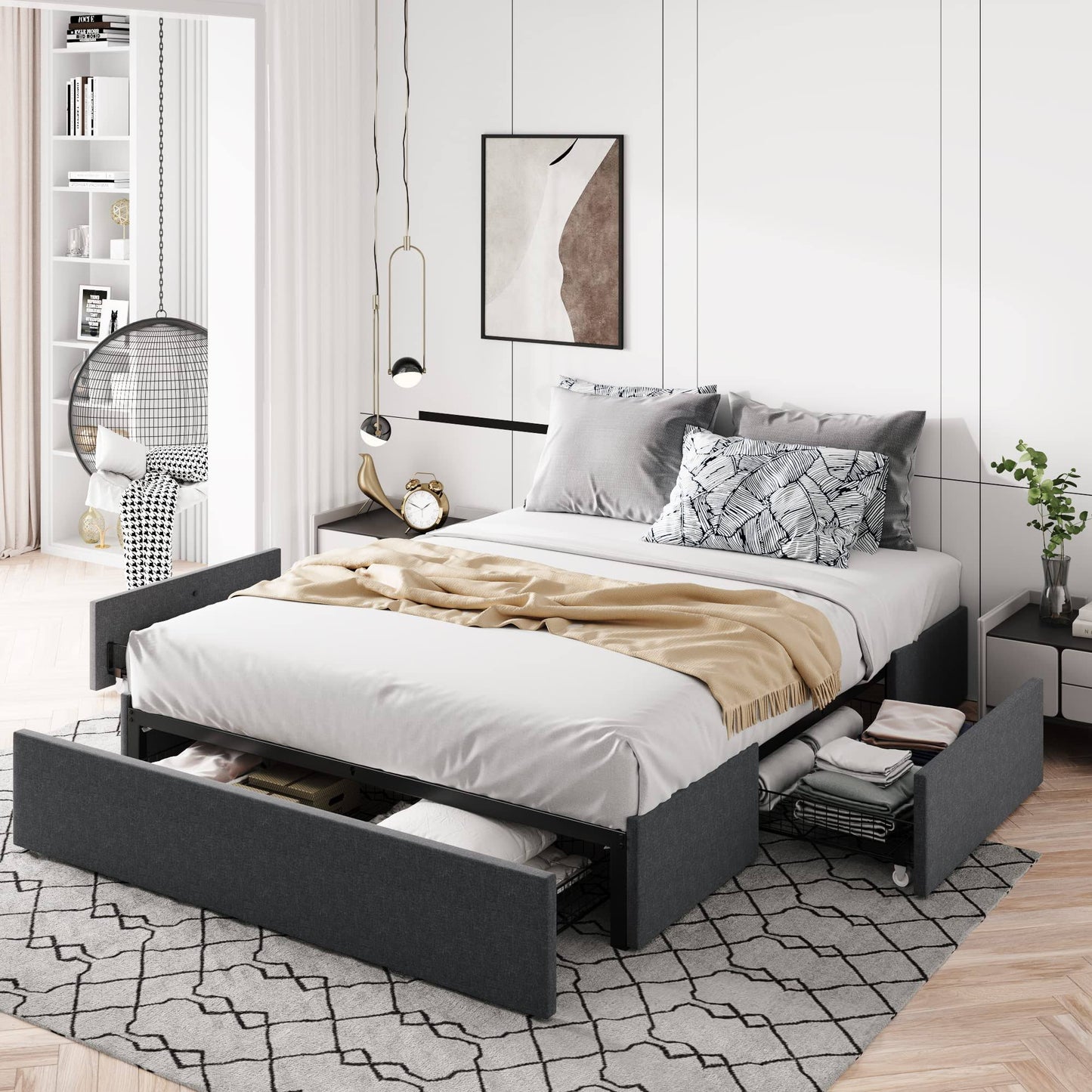 Allewie Full Size Platform Bed Frame with 3 Storage Drawers, Fabric Upholstered, Wooden Slats Support, No Box Spring Needed, Noise Free, Easy