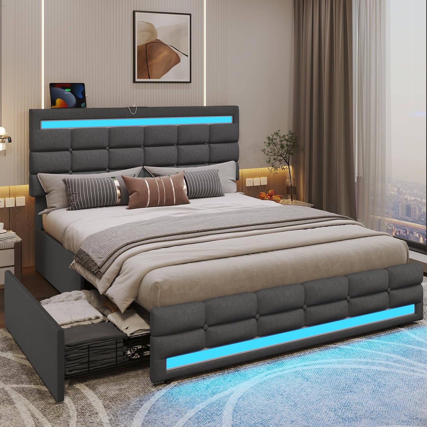 ADORNEVE Queen LED Bed Frame with 4 Drawers and 2 USB Charging Station, Upholstered Platform Queen Size Bed Frame with LED Lights Headboard