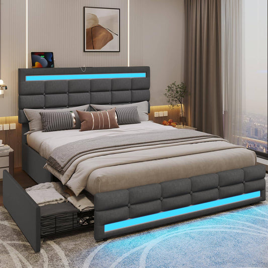 ADORNEVE Queen LED Bed Frame with 4 Drawers and 2 USB Charging Station, Upholstered Platform Queen Size Bed Frame with LED Lights Headboard