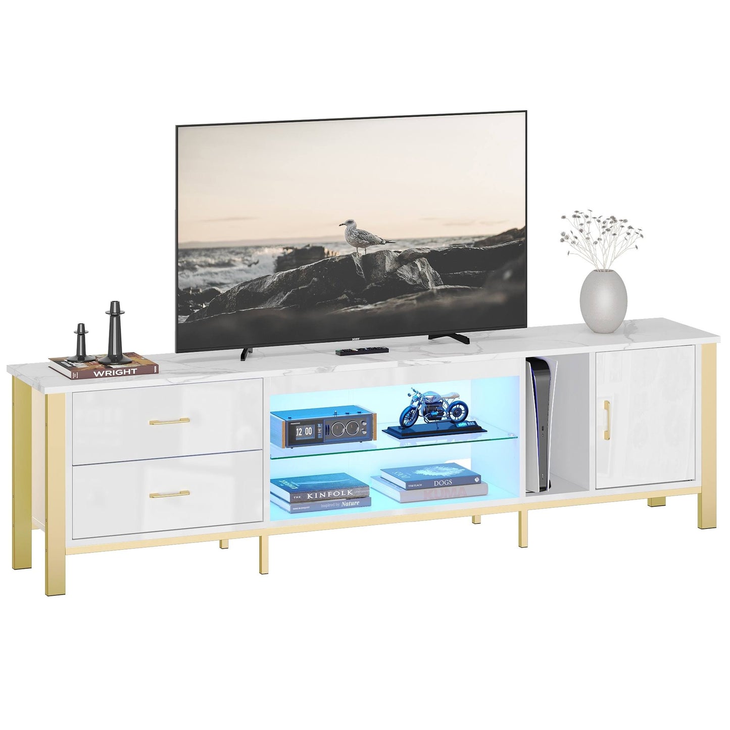 Bestier Modern TV Stand Entertainment Center for TVs Up to 85 with LED Lights & 3 Drawers, White